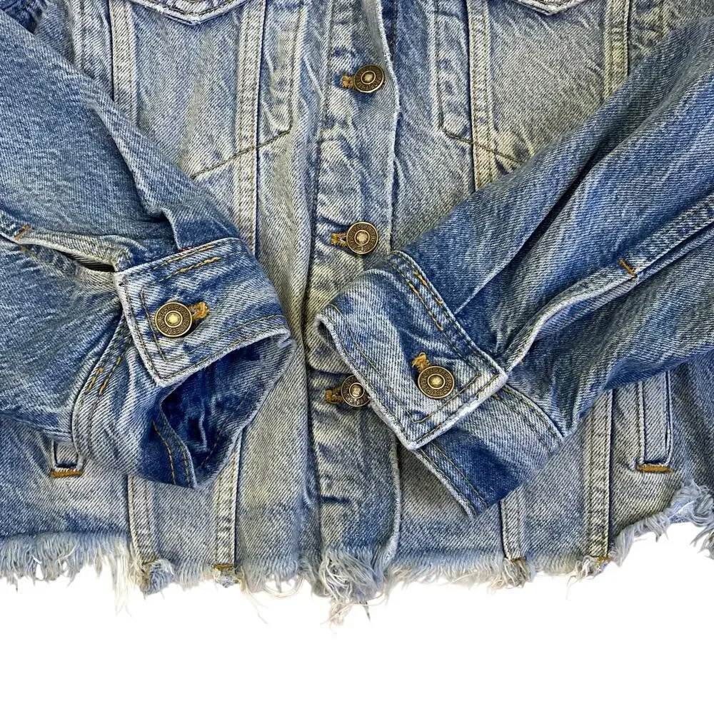 FP We The Free Sz S Indira Raw Hem Cropped Denim Jacket Retro Streetwear Casual
